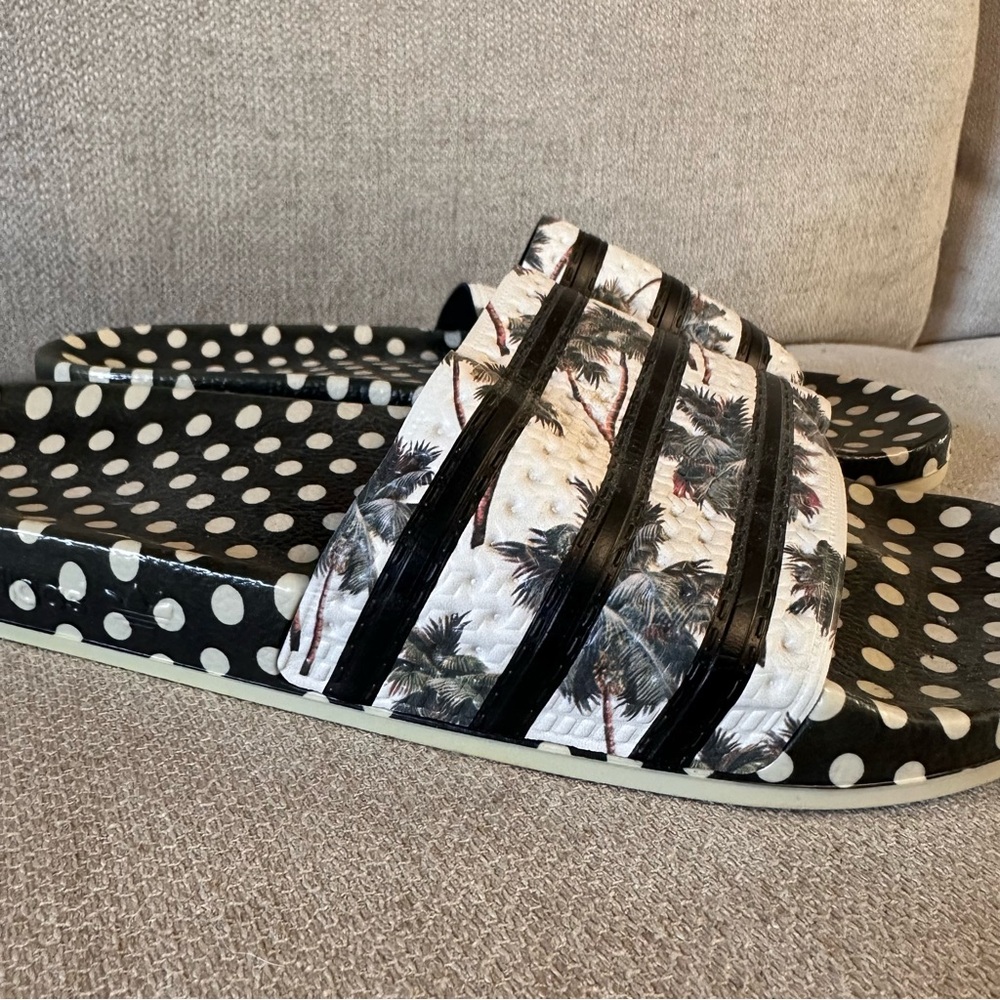 Adidas Adilette Tropical Black and White Polka Dot Slide Sandals FARM Collab
